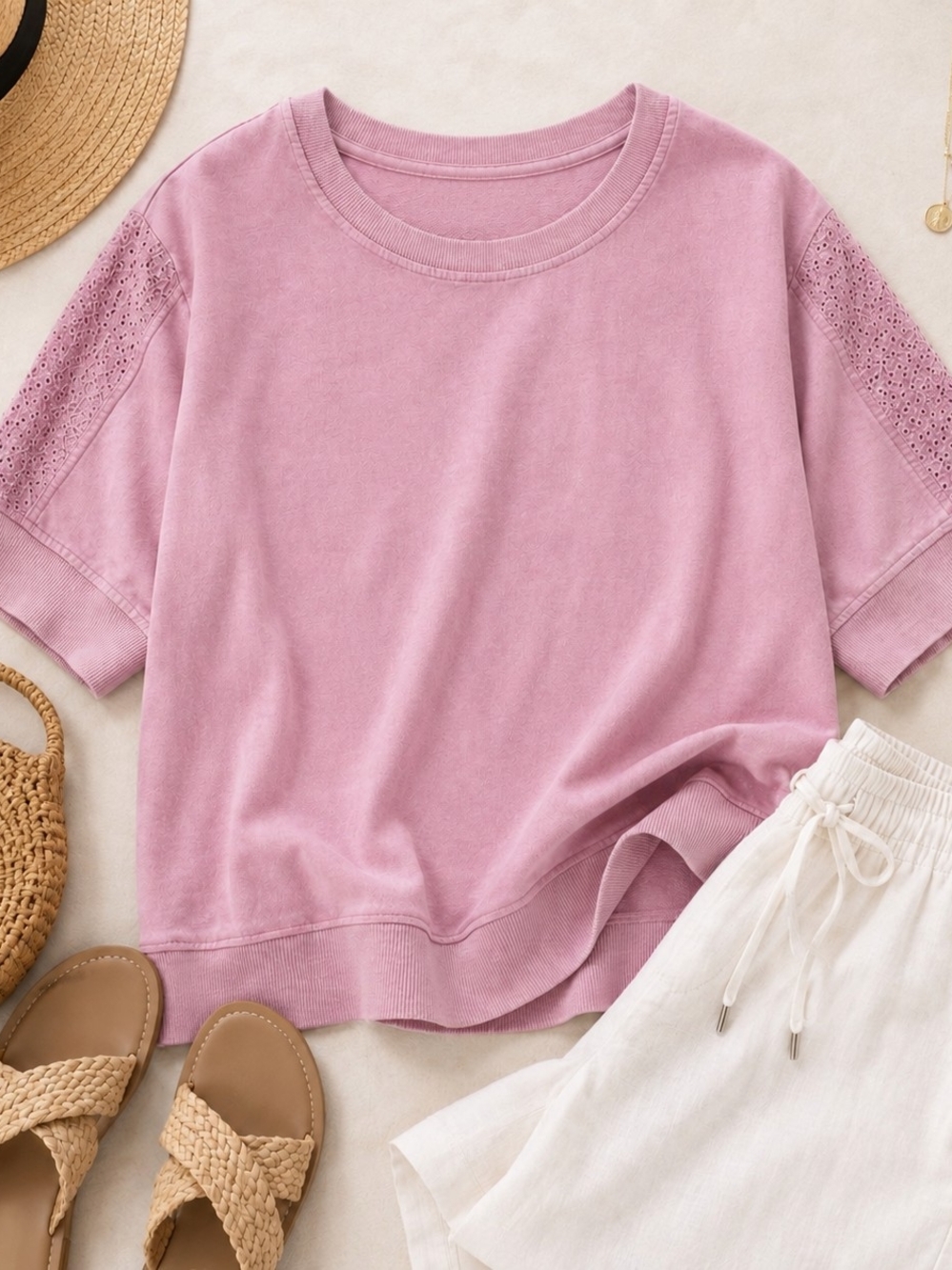 Jane + Delancey Pink Eyelet Sleeve Sweatshirt Top L | Soft Casual Short Sleeve - Picture 4 of 7